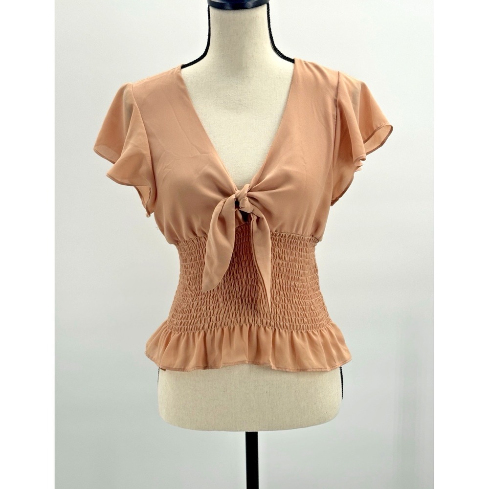Womens Medium Plunge Deep V Top Twist Tie Front Butterfly Sleeve Smocked Beachy